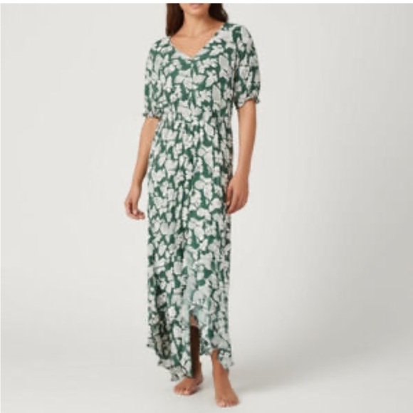 Baltic Born Smocked Waist V Neck Short Sleeve Green White Floral Maxi Dress 2XL